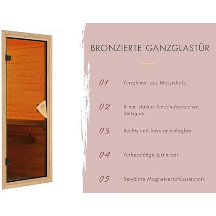 Karibu Innensauna Inara, inklusive Saunaofen 9kW mit integrierter Steuerung, 231x231 cm, 3 Liegen aus hellem Espe, bronzierte Ganzglastür – Bild 6