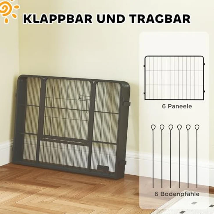 PawHut Welpenauslauf 6-TLG. Stahl mit Tür, 60 cm hoch, Freilaufgehege für kleine Hunde, grau – Bild 5