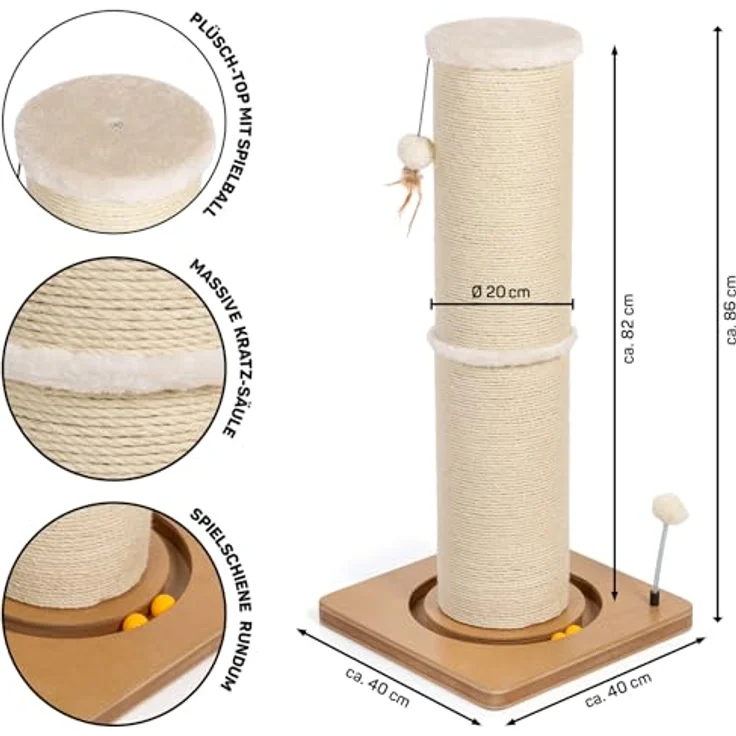 CanadianCat Company | Kratzstamm für Katzen - Carla - mit Spielzeug | interaktives Katzenspielzeug selbstbeschäftigung | mit 82cm-hoher Kratzsäule Ø20cm | ca. 40 x 40 x 86 cm – Bild 2