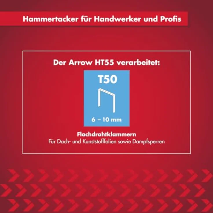 Arrow Hammertacker HT55, für Flachdrahtklammern 6 mm - 10 mm, robuster Nagler mit rutschfestem Softgriff und 160 Klammern Magazin – Bild 5