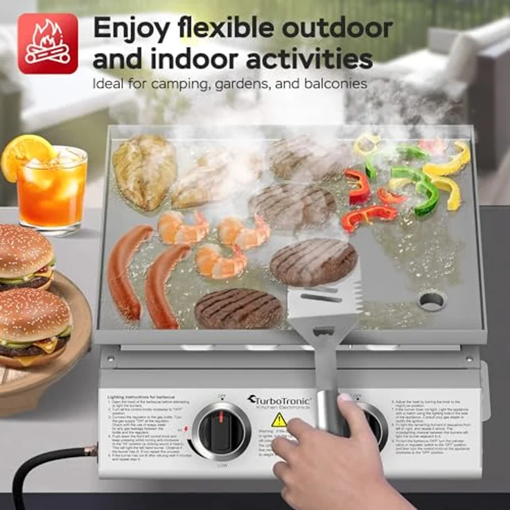 TurboTronic By Z-LINE XXL Profi Plancha Gasgrill, 61 cm Edelstahl Grillplatte, 6,3 kW Leistung, 2x 3,15 kW Brenner, Turbofunktion für Smash Burger, tragbares Design für Camping und BBQ – Bild 4