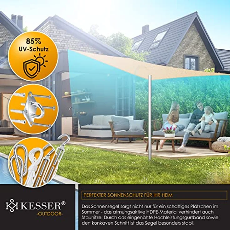 KESSER Sonnensegel Sonnenschutz Windschutz HDPE Gewebe wasserabweisend & windabweisend 5-Fach quer vernäht robust & stabil Schattenspender Garten Balkon Terrasse Rechteck, Sand, 2x4m – Bild 4