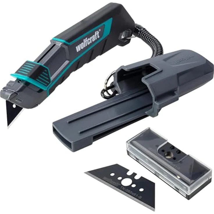 wolfcraft Trapezklingen-Messer-Set PRO SAFETY, Sicherheitsmesser mit extrascharfen Ersatzklingen und Köcher, ergonomisch für Links- und Rechtshänder – Bild 1