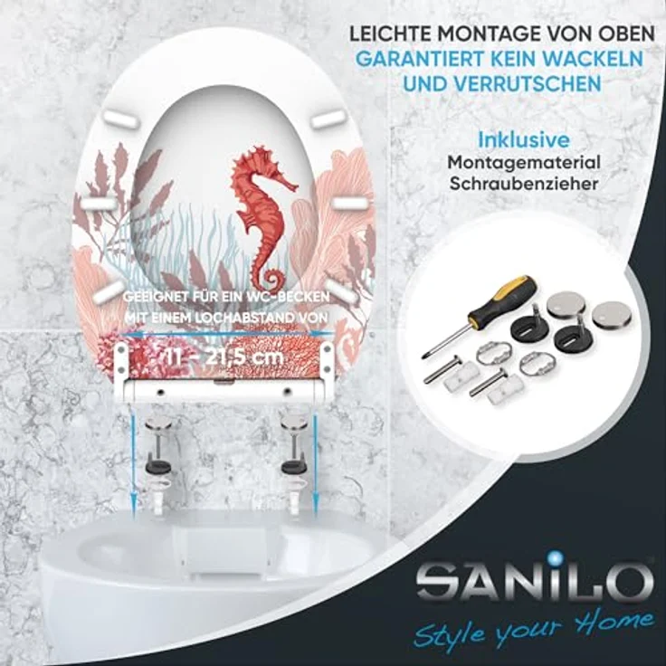 Sanilo WC Sitz Top Fix Sea Horse, bruchsicherer Holz-Toilettensitz mit Absenkautomatik, antibakterieller Beschichtung und einfachem Montagematerial – Bild 6
