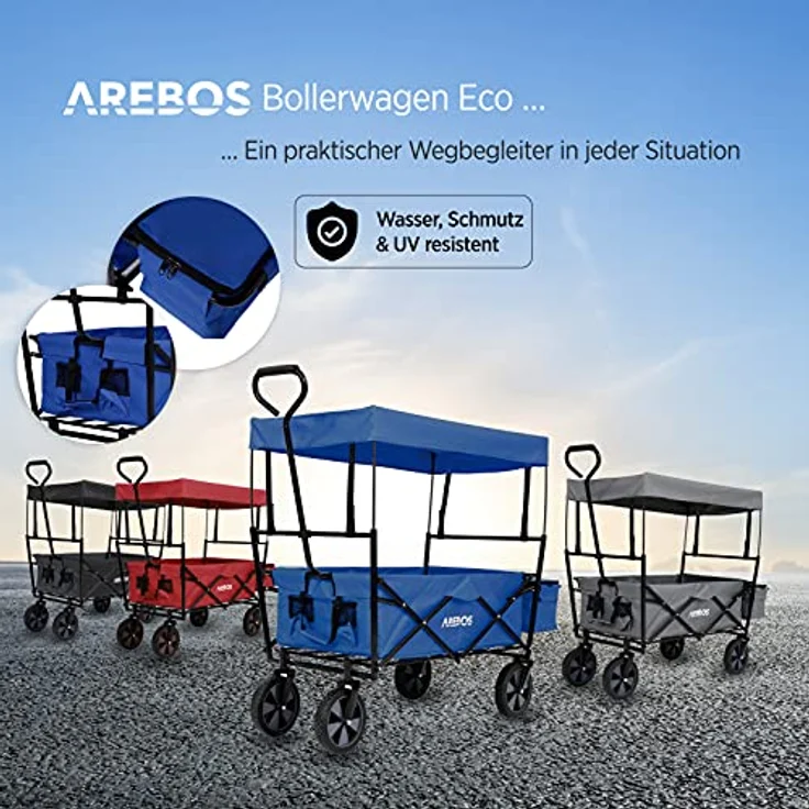 Arebos Bollerwagen faltbar mit Dach, Transportwagen bis 70 kg Tragkraft, inkl. 2 Netztaschen, 360° Vollgummireifen, Blau – Bild 4