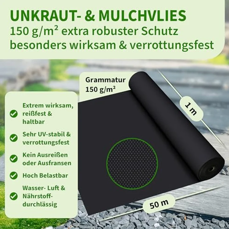 TTL Garden Gartenvlies 50 x 1 Meter 150g pro m² speziell gegen Unkraut - Unkrautvlies, Unkrautfolie, Vlies – Bild 3