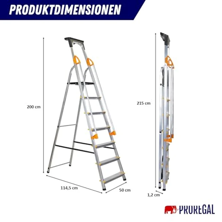 PROREGAL Stufenstehleiter Atlas, Aluminium Leiter mit Werkzeugablage & Handlauf, einseitig begehbar, 7 Stufen, Arbeitshöhe 3,40m, Traglast 150kg – Bild 2