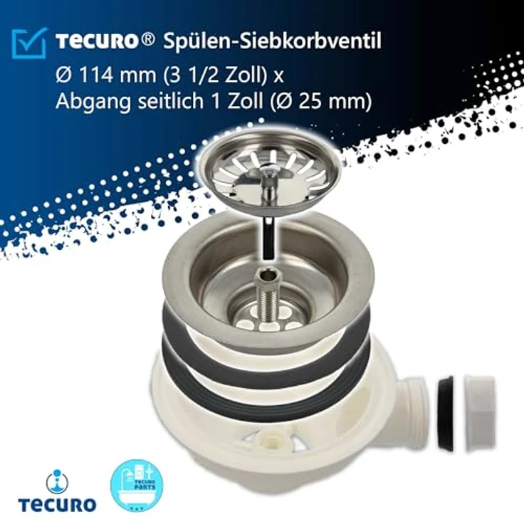 tecuro Spülen-Siebkorbventil Ø 114 mm (3 1/2 Zoll), Edelstahl mit seitlichem Abgang 1 Zoll (Ø 25 mm) und herausnehmbarem Siebkorb – Bild 2