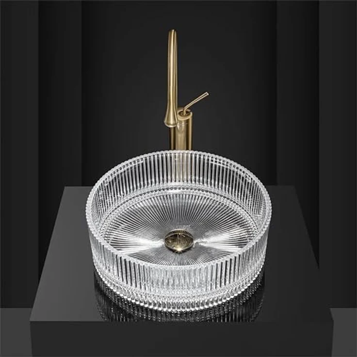 wohnwerk.idee Aufsatzwaschbecken Glaswaschbecken Ingrid Ø39,5 Schwarz Grau Weiß rund, modernes Design mit gerippter Oberfläche und luxuriösem goldfarbenen Wasserhahn – Bild 4