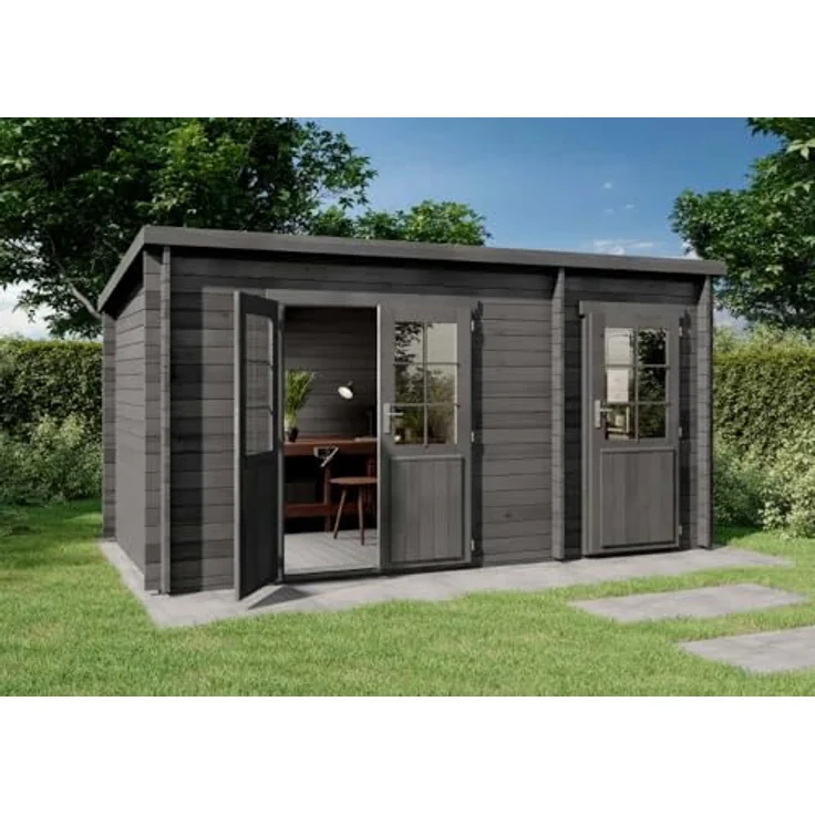 Alpholz Gartenhaus Maria mit Anbau, Pultdach, 450x279 cm, hohe Stabilität, massives Holz, grau imprägniert – Bild 1