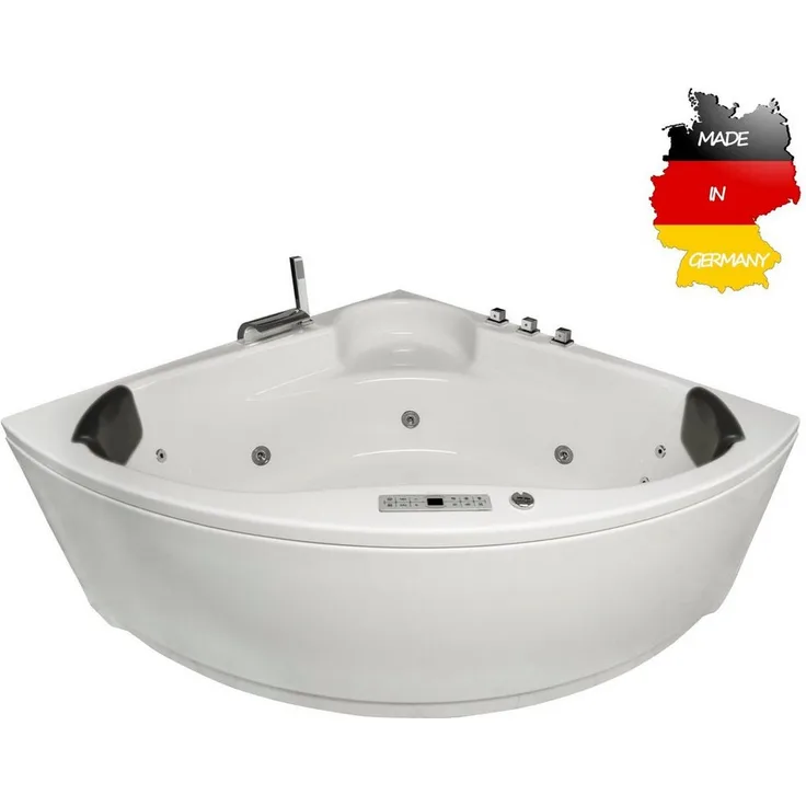 Basera® Whirlpool-Badewanne CLASSIC Indoor Eck-Whirlpool Badewanne Futuna 140 x 140 cm, (Komplett-Set), mit 21 Massagedüsen, Wasserfall, LED, Touchpanel, Bluetooth und Radio, weiß
