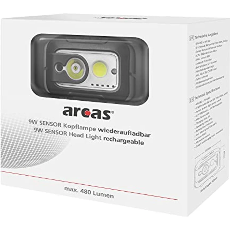 Arcas 30710015 - LED Kopf-Lampe mit 9W, verstellbarem Kopfband und Sensor, wiederaufladbar über USB-Port, Stirn-Lampe mit 6 Leucht-Funktionen, ideal zum Arbeiten, Wandern und Joggen – Bild 5
