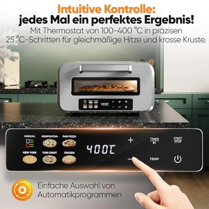 ProfiCook Pizzaofen PC-PO 1323, elektrischer Pizzaofen mit echtem Pizzastein, 400°C, Edelstahlgehäuse, 5 Automatikprogramme, 60 Minuten-Timer – Bild 4