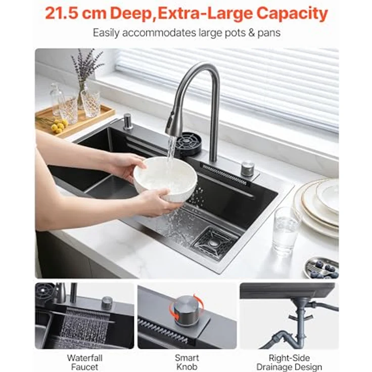 VEVOR Einbauspüle 850 x 460 x 236 mm, Edelstahlspülbecken mit PVD-Nano-Schwarzbeschichtung, Wasserfallarmatur & Schneidebrett, Einzelbecken für Wohnmobil, Vorbereitungsküche, Waschküche & Bar – Bild 2