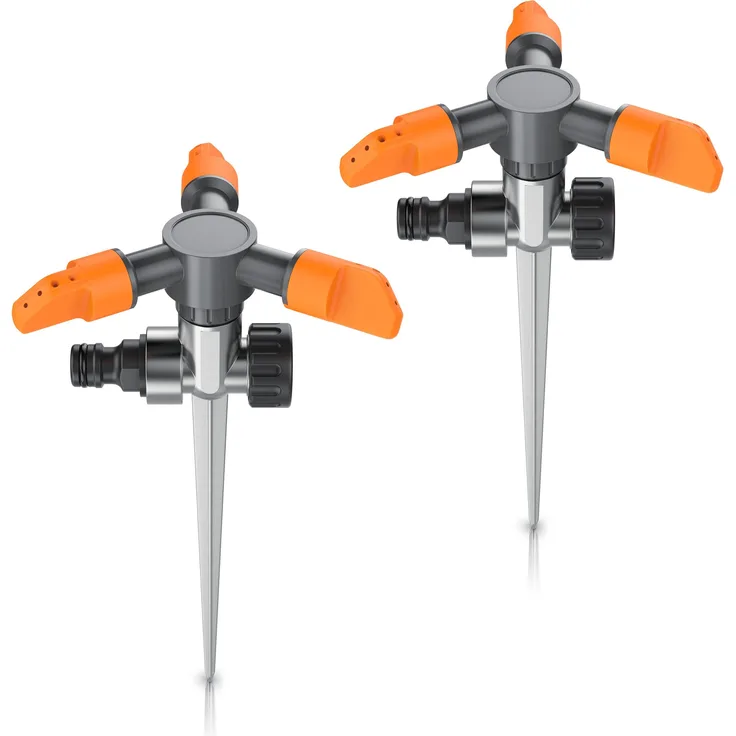 Brandson Rasensprenger, 2x Kreisregner mit 5 Düsen, 360° Flächenregner bis 150m², 7m Reichweite, orange-grau