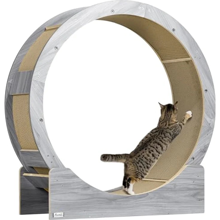 PawHut Katzenlaufrad 91 cm mit Bremse und Kratzbrett für gesunde Bewegung, Grau – Bild 1