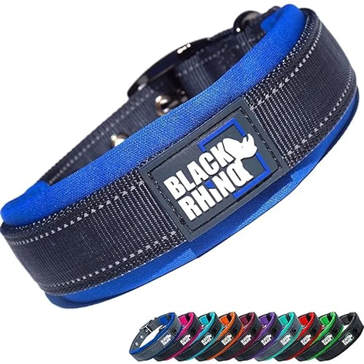 Black Rhino - Das Comfort Halsband Super Weiches Neopren Gepostertes Hundehalsband für alle Hunderassen - Hochbeanspruchbar Verstellbar Reflektierend Wetterfest (Groß, Blau/Schwarz)