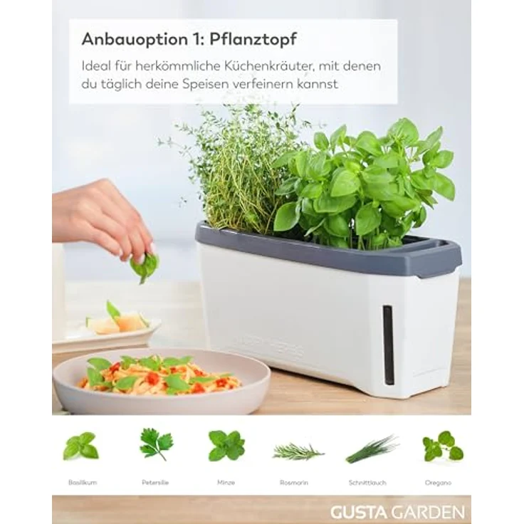 Gusta Garden Kräutertopf Harry Herbs mit integriertem Bewässerungssystem, 5,5 Liter, weiß – Bild 4