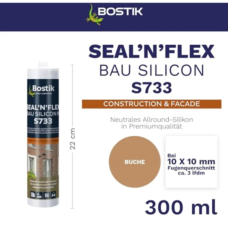 BOSTIK S733 Seal´n´Flex Bau Silikon, Hochleistungs-Dichtungssilikon für Innen- und Außenbereich, Farbe Buche, 300ml – Bild 2