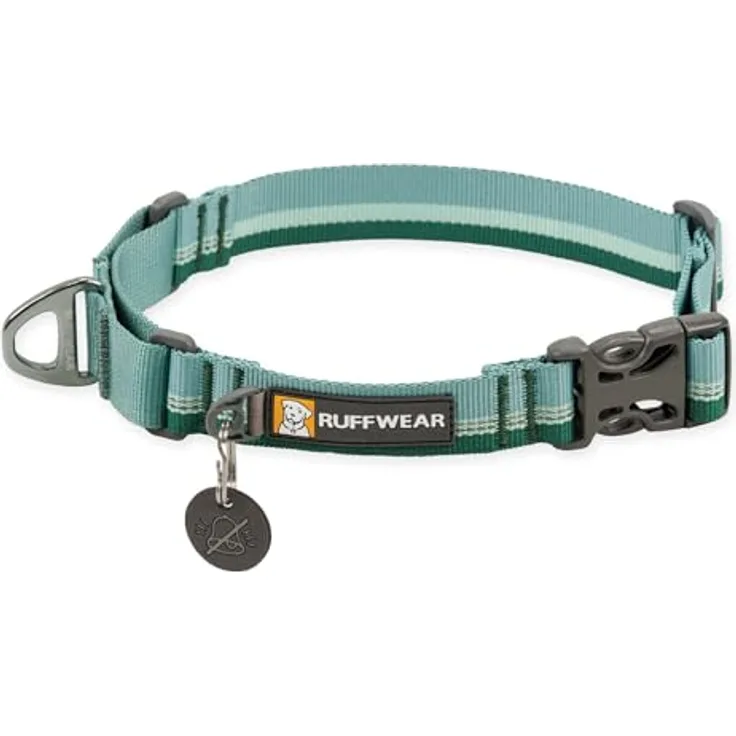 RUFFWEAR Web Reaction Hundehalsband, verstellbares Martingal-Halsband mit Aluminium-V-Ring und seitlicher Öffnung, bequemer Stoff, reflektierendes mit Schlauchlock-Gurtband River Rock Green 17"-20"