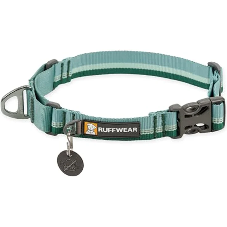 RUFFWEAR Web Reaction Hundehalsband, verstellbares Martingal-Halsband mit Aluminium-V-Ring und seitlicher Öffnung, bequemer Stoff, reflektierendes mit Schlauchlock-Gurtband River Rock Green 17"-20" – Bild 1