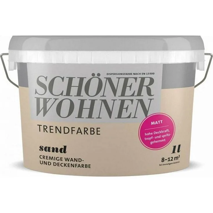 SCHÖNER WOHNEN FARBE SW Trend Wandfarbe matt, 1,0L, hochdeckende Dispersionsfarbe in Sand 8514, allergikergeeignet, scheuerbeständig