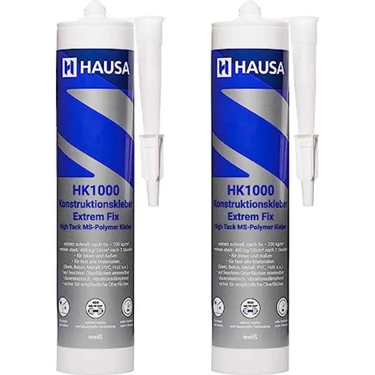 HAUSA High-Tack Montagekleber 2x 290ml extrem starker Alleskleber für Metall Stein Holz Spiegel elastischer MS Polymer Konstruktionskleber HK1000 für Innen Außen nasse trockene Oberfläche weiß