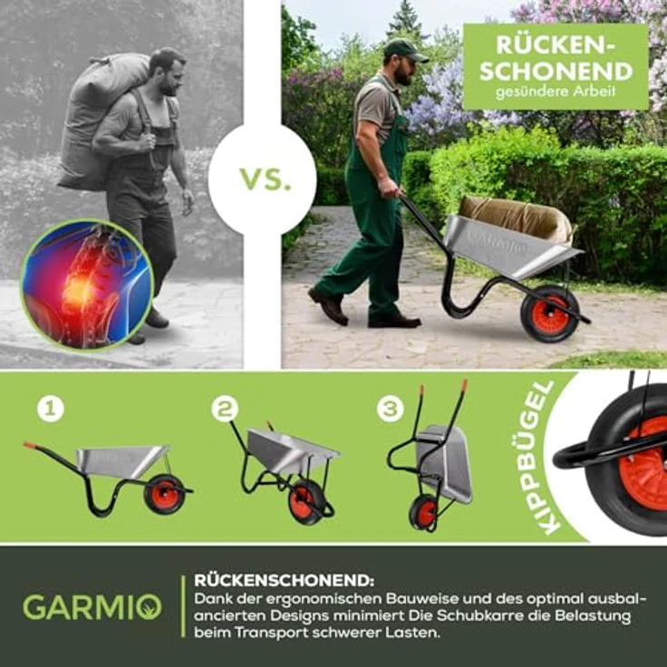 GARMIO Schubkarre, verzinkte Bauschubkarre 85 Liter, 5 Kubik Fassungsvermögen, Gummireifen 16 Zoll, Gartenkarre bis 160 kg, Silber – Bild 5
