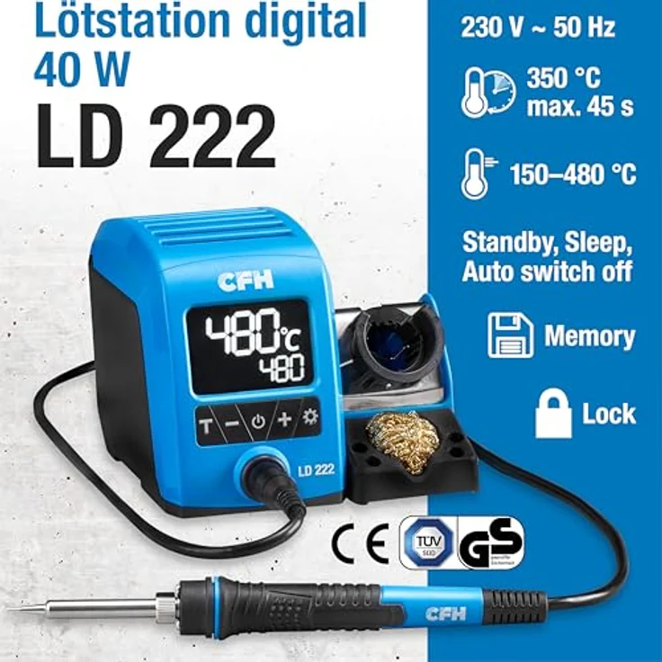 CFH Profi Lötstation digital LD 222, 40 W mit LCD-Anzeige, Temperatur regelbar 150–480 °C, schnelles Aufheizen, gewechselte Lötspitze, TÜV SÜD GS zertifiziert – Bild 2