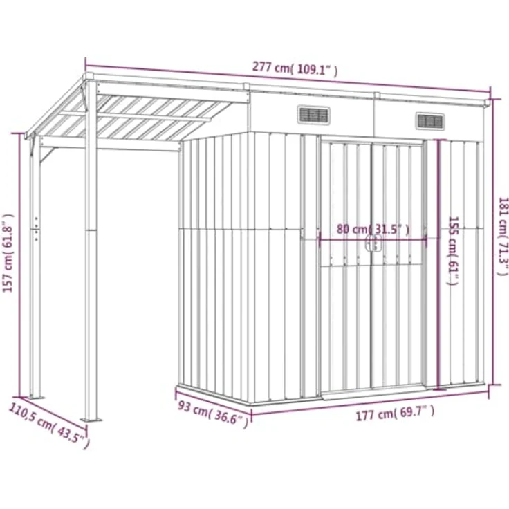 vidaXL Gartenhaus mit Schleppdach Braun 277x110,5x181 cm Stahl – Bild 4