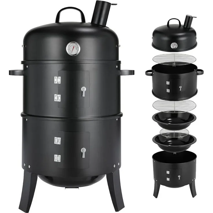 TLGREEN Smoker Räucherofen, 3 in 1 Holzkohlegrill und Räuchertonne mit Thermometer, Ø44,5x80 cm