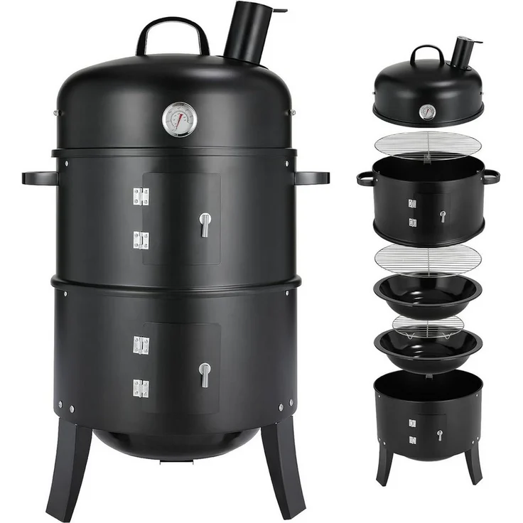 TLGREEN Smoker Räucherofen, 3 in 1 Holzkohlegrill und Räuchertonne mit Thermometer, Ø44,5x80 cm