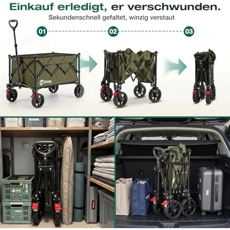 Sekey Bollerwagen XXL 4026, Faltbar mit 135L Volumen, 150KG Belastbarkeit, Klappbarer Transportwagen mit Geländereifen und Bremse, Olivgrün – Bild 4