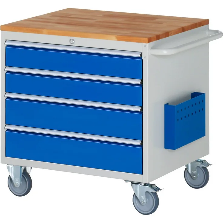RAU Transportwagen Montagewagen 770x650x795mm, 4 Schubladen, lichtgrau/enzianblau, Made in Germany, belastbar bis 75 kg, mit Schiebebügel und Zylinderschloss