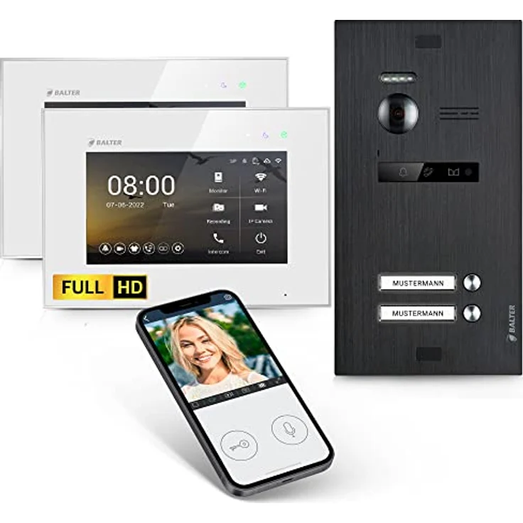 Balter Video-Türsprechanlage HD, Komplettset für 2-Familienhaus mit 2x 7 Zoll Touchscreen Monitor, Full HD Kamera, 175° Ultra-Weitwinkel, WLAN, schwarz/weiß – Bild 1