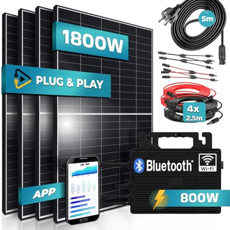 SUNNIVA® Balkonkraftwerk 1800W, komplettes PV Solaranlage Set mit 4x 450W Modulen, Astro Energy 800W Wechselrichter, Black Frame, inkl. 5m Kabel, Bluetooth und WIFI – Bild 2