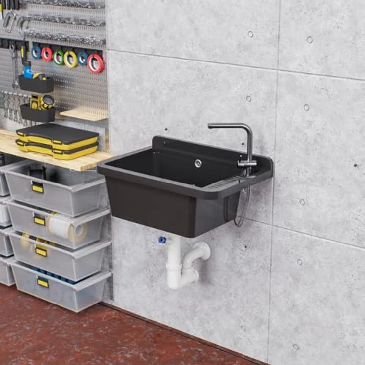 QLS Küchenspüle Gradia, Kunststoff-Spülbecken, mit Siphon, 50 x 34 cm, für draußen Garten Werkstatt, Polypropylen, grau – Bild 6