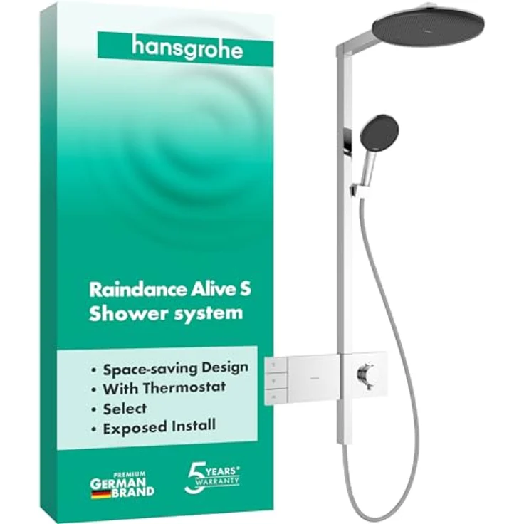 hansgrohe Raindance Alive S, Duschsystem mit Thermostat, 300 mm Regendouche, Handbrause und zwei Strahlarten, Chrom – Bild 1