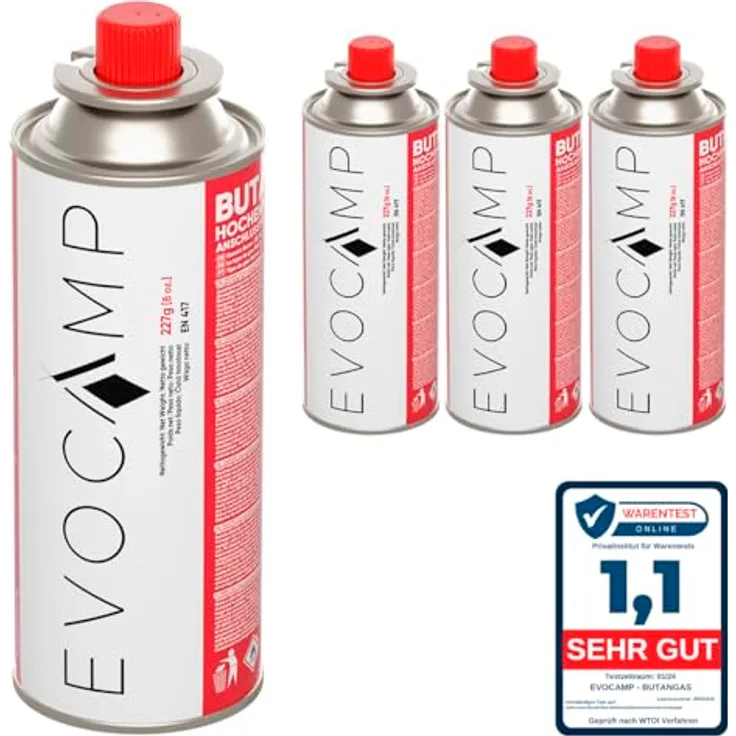 EVOCAMP Butan Gaskartuschen MSF-1a, 4er Pack à 227g für Campingkocher, Gasheizung und Grill, universell einsetzbar