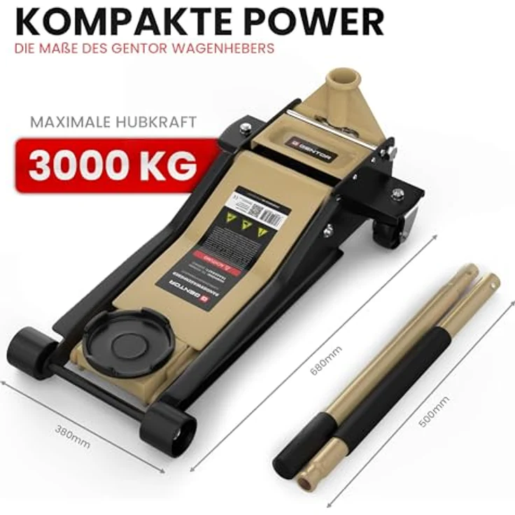 GENTOR Wagenheber 3T flach, hydraulisch, max. Hubhöhe 505 mm, für PKW & SUV, beige – Bild 7
