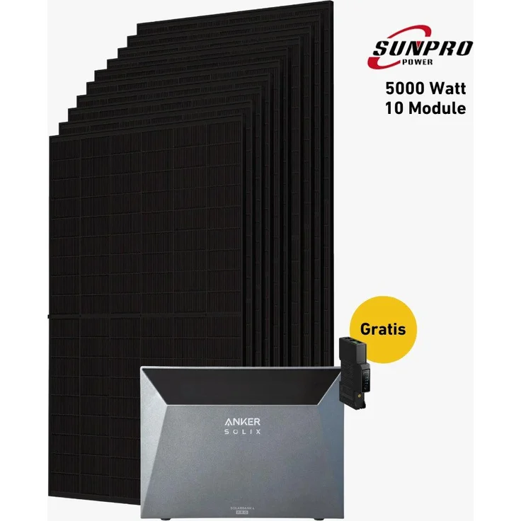Balkonstrom Balkonkraftwerk 5000W Solaranlage mit 5 kWh Speicher, Blechdachhalterung, 10x Bifazial Solarmodul, Anker Solix 4 Pro, 15m Wieland Kabel