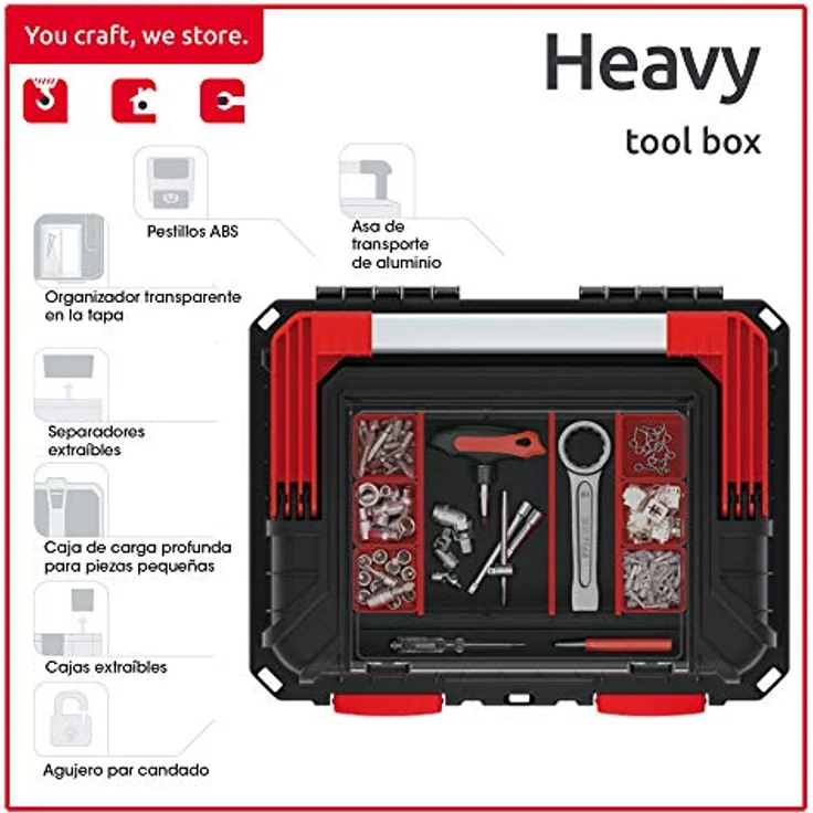 Prosperplast Werkzeugbox HEAVY, 44,5 x 36 x 33,7 kg, Kunststoff, schwarz/rot – Bild 2