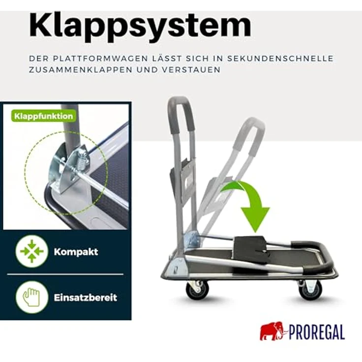 PROREGAL® Transportwagen RHINO, klappbar, 150 kg Traglast, 2x 360° Lenkrollen & 2x Bockrollen mit Feststellbremse, rutschfeste Ladefläche 61x47 cm, inkl. Werkzeugtasche – Bild 4