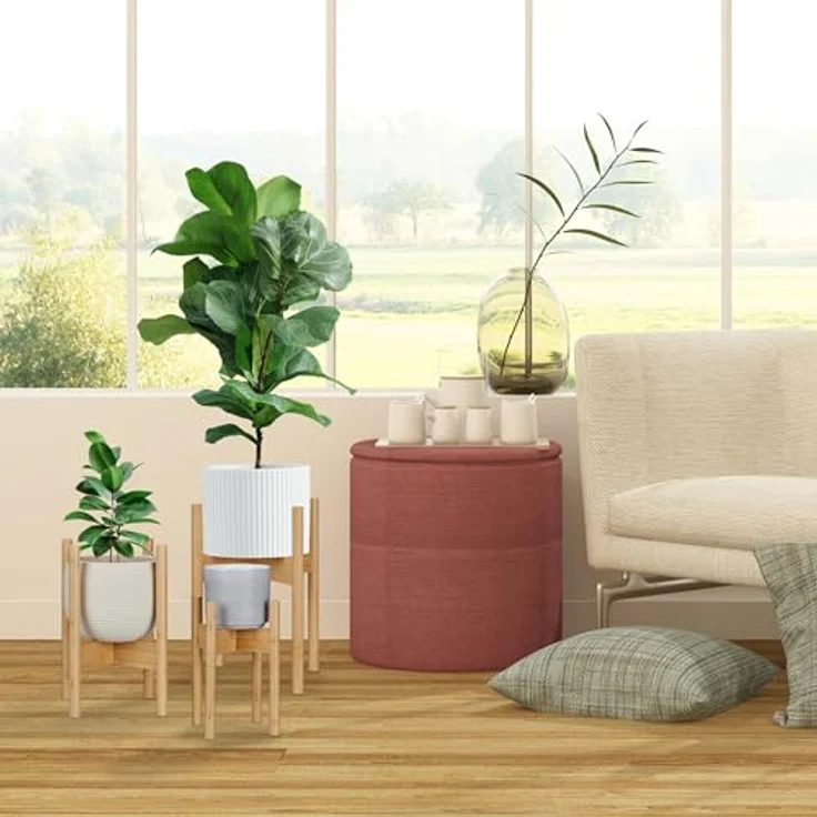 relaxdays Blumenständer Pflanzenständer im 3er Set, XL aus natürlichem Bambus, geeignete Höhen für Blumentöpfe bis 29 cm Durchmesser, Farbe: Natur – Bild 2