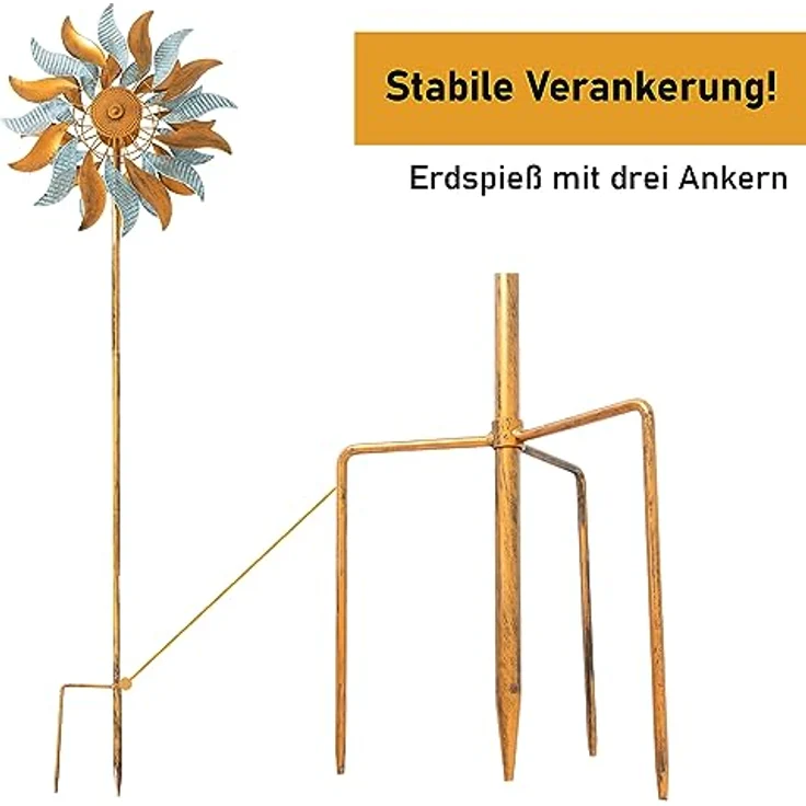 LEMODO Windspiel Fire Flowers | Windrad mit gegenläufigen Rotoren | Gartendeko in 2 Höhen aufbaubar | Gartenstecker 213 cm hoch | Windmühle in Kupferoptik | Windskulptur auch als Vogelschreck geeignet - Preisvergleich – Bild 5