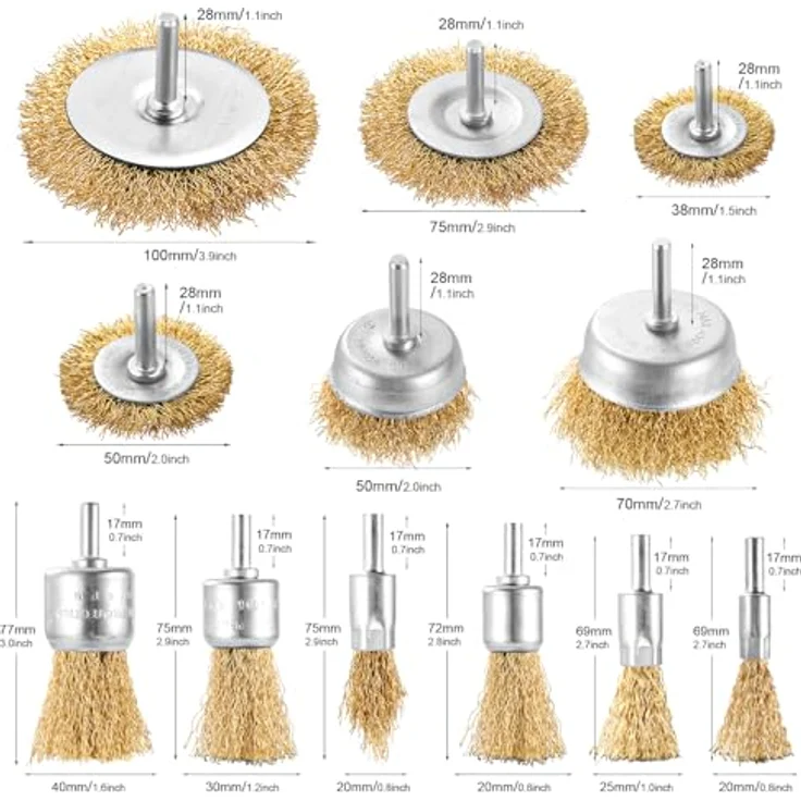 DazSpirit 12-teiliges Drahtbürste Set für Bohrmaschine – Messingbeschichtete Drahtbürsten & Topfbürsten, 1/4 Zoll-Schaft zum Entfernen von Rost/Korrosion/Farbe – Bild 2