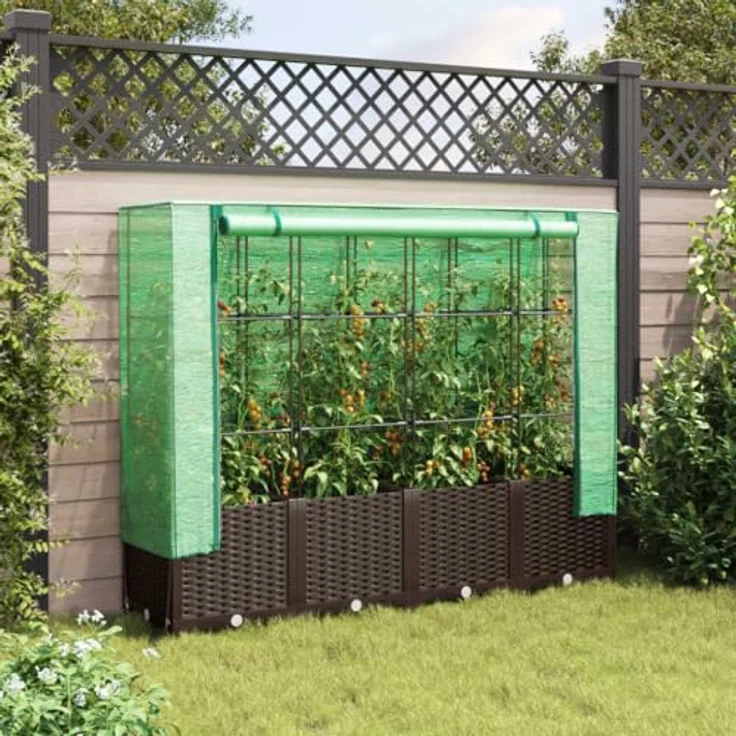 vidaXL Hochbeet mit Gewächshaus-Aufsatz, Pflanzbeet mit Eisenrohr-Rahmen, Rattan-Optik – Bild 4