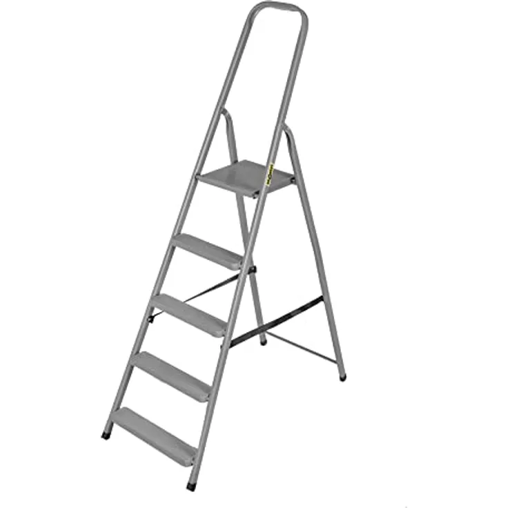 DRABEST - Stehleiter - mit 5 Stufen - bis 125 kg belastbar - 1,73 m lang - Arbeitshöhe 3 m - Trittleiter, Bockleiter aus Stahl pulverbeschichtet - für Haushalt, Malerarbeiten - Grau
