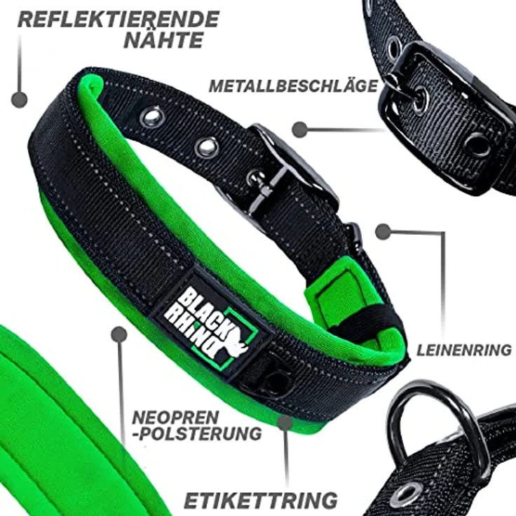 Black Rhino - Das Comfort Halsband Super Weiches Neopren Gepostertes Hundehalsband für alle Hunderassen - Hochbeanspruchbar Verstellbar Reflektierend Wetterfest (Klein, Grün/Schwarz) – Bild 3