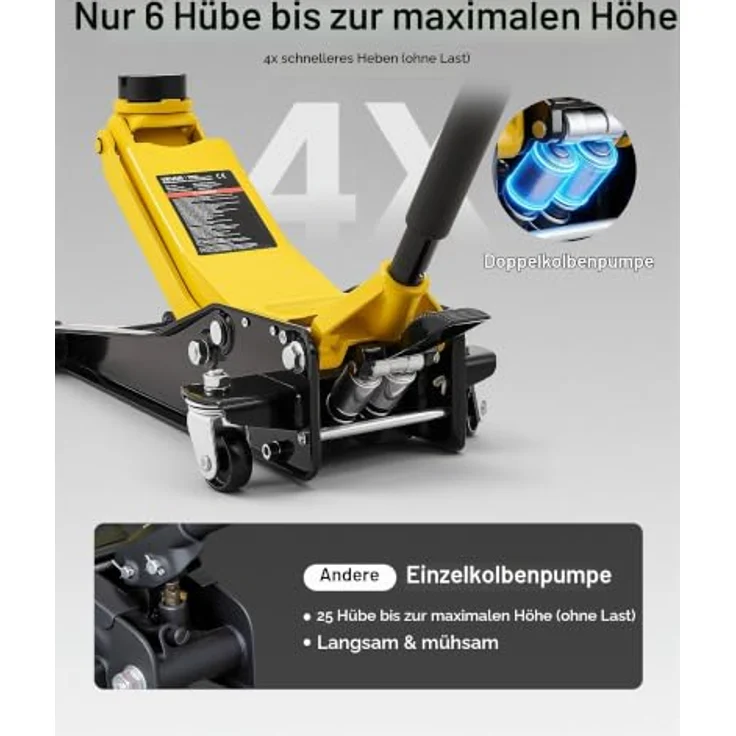 VEVOR Hydraulischer Rangierwagenheber 3 t, Stahl, mit Doppelkolben-Schnellhubpumpe, 75-500 mm Hubbereich – Bild 6